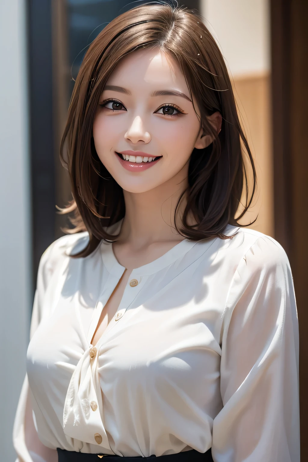 ((masterpiece)), ((Highest quality)), ((Complex)), ((Surreal)), (Realistic), (Mature Woman), ((No classes)), Very detailed, (1 female), Beautiful and exquisite, (Beautiful Teeth), Grin, Brunette bob hair, Brown eyes, ((blouse)), (Upper Body), (background:none), Perfect Eyes, Captivating eyes, Looking at the audience