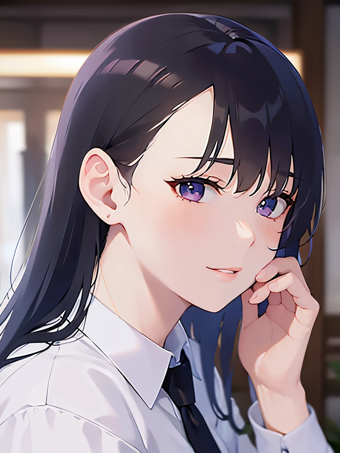 hand on own face, side angle, looking up, Upper Body, Realistic, real person, (pale skin: 1.2), RAW photo, photorealistic, shiny skin, shiny hair、(A 25-year-old woman with straight hair and bangs) and (medium hair) and (black hair) and (purple eyes) , (business suit:1.5) and (white collared shirt)、(sleepy:1.5), smile, (blush:1.3), The background is the interior of a restaurant at night.、Alone、Are standing