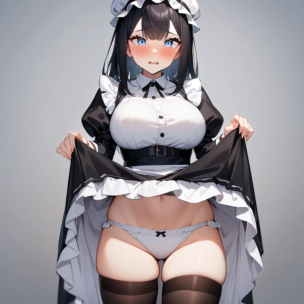 1girl,black hair,light blue eyes,blackdress,pov,Embarrassed,big breast,maidapron,(White mob cap),puffy_sleeves,maid_apron, belt,thighhighs,masterpiece, best quality, very aesthetic, absurdres,(dress lift:1.5),(straight-on),(Frilled Panties)