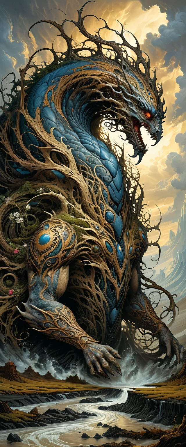 by Aaron Horkey, the majestic earth elemental emerges from the muddy ground, (((Element EARTH))), fantastical being's body composed of rich fertile soil adorned with intricate patterns resembling swirling vines and blooming flowers, extraordinary and visually striking work of art, high angle, cinematic lighting, cinematic, monster