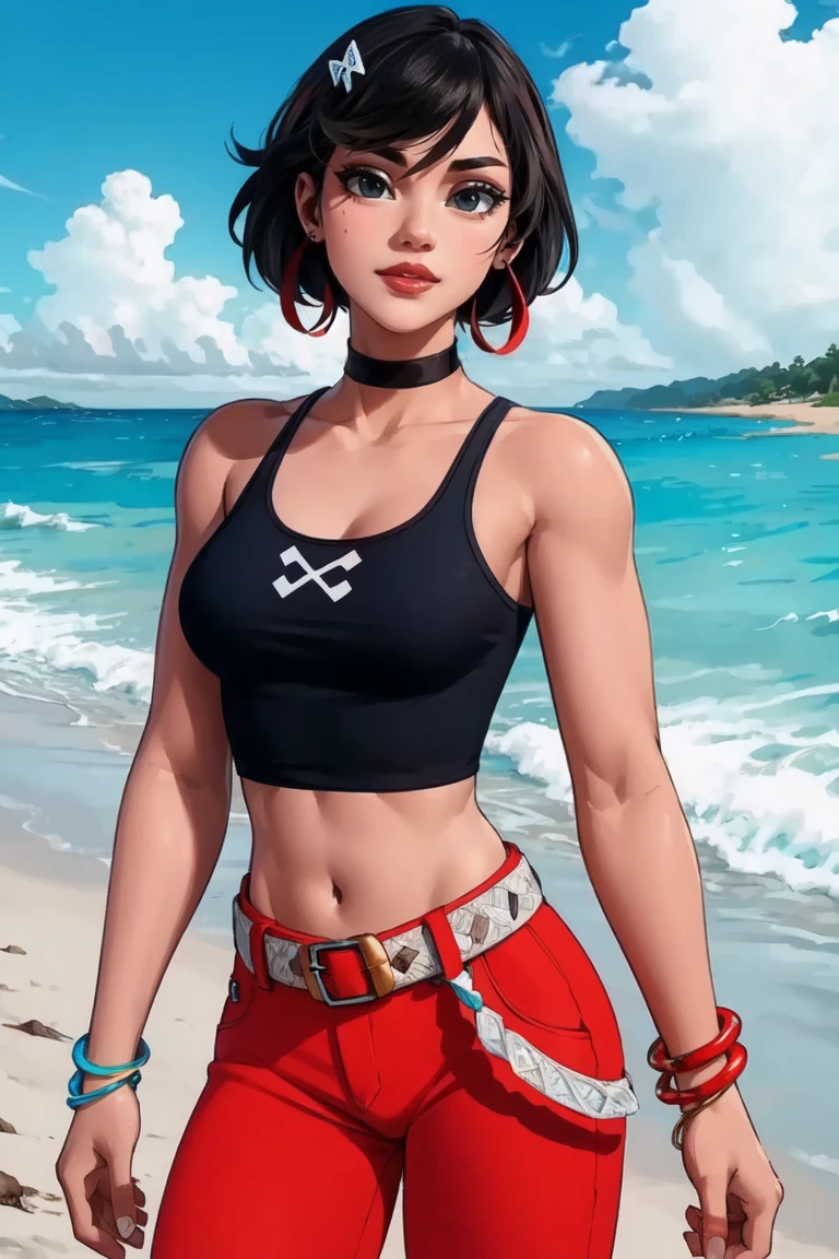 masterpiece,best quality,extreme detail,8k,cowboy_shot,upper_body,evie2,1girl,solo,breasts,nsfw,smile,short hair,black hair,hair ornament,navel,brown eyes,jewelry,medium breasts,earrings,choker,midriff,belt,pants,mole,bracelet,lips,crop top white,makeup,black choker,tank top,beach background,hoop earrings,red pants,bangle,