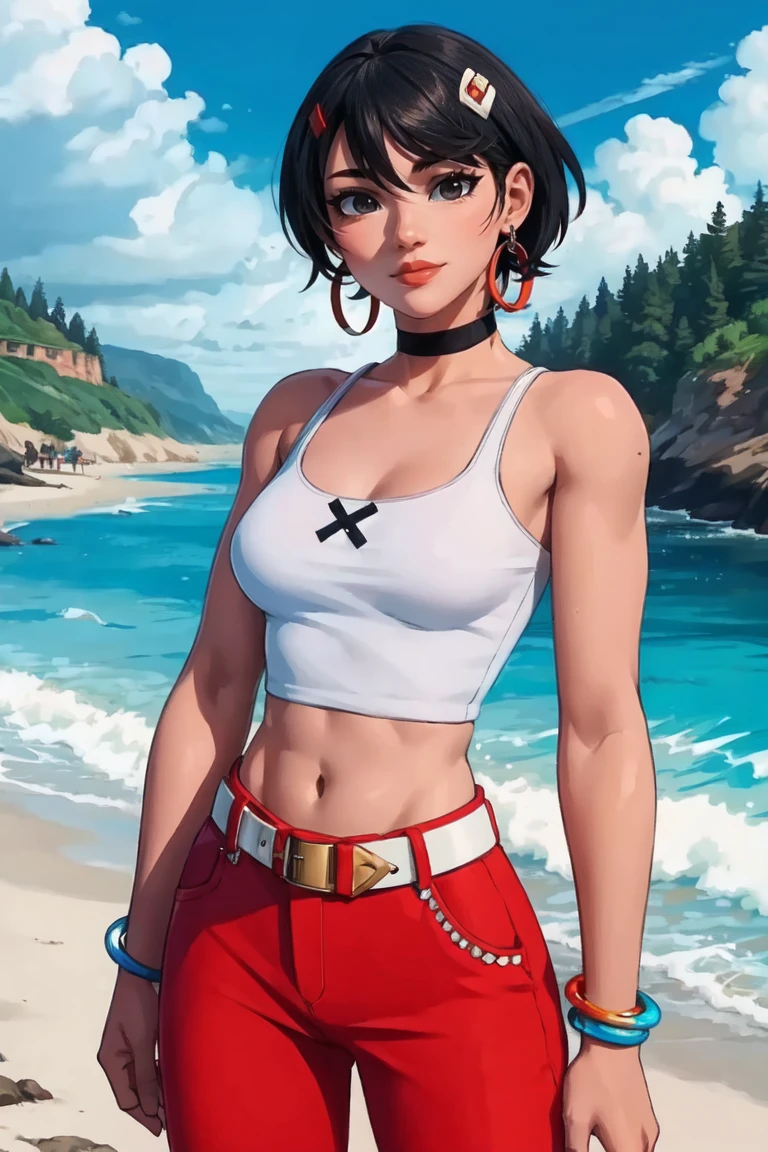 masterpiece,best quality,extreme detail,8k,cowboy_shot,upper_body,evie2,1girl,solo,breasts,nsfw,smile,short hair,black hair,hair ornament,navel,brown eyes,jewelry,medium breasts,earrings,choker,midriff,belt,pants,mole,bracelet,lips,crop top white,makeup,black choker,tank top,beach background,hoop earrings,red pants,bangle,