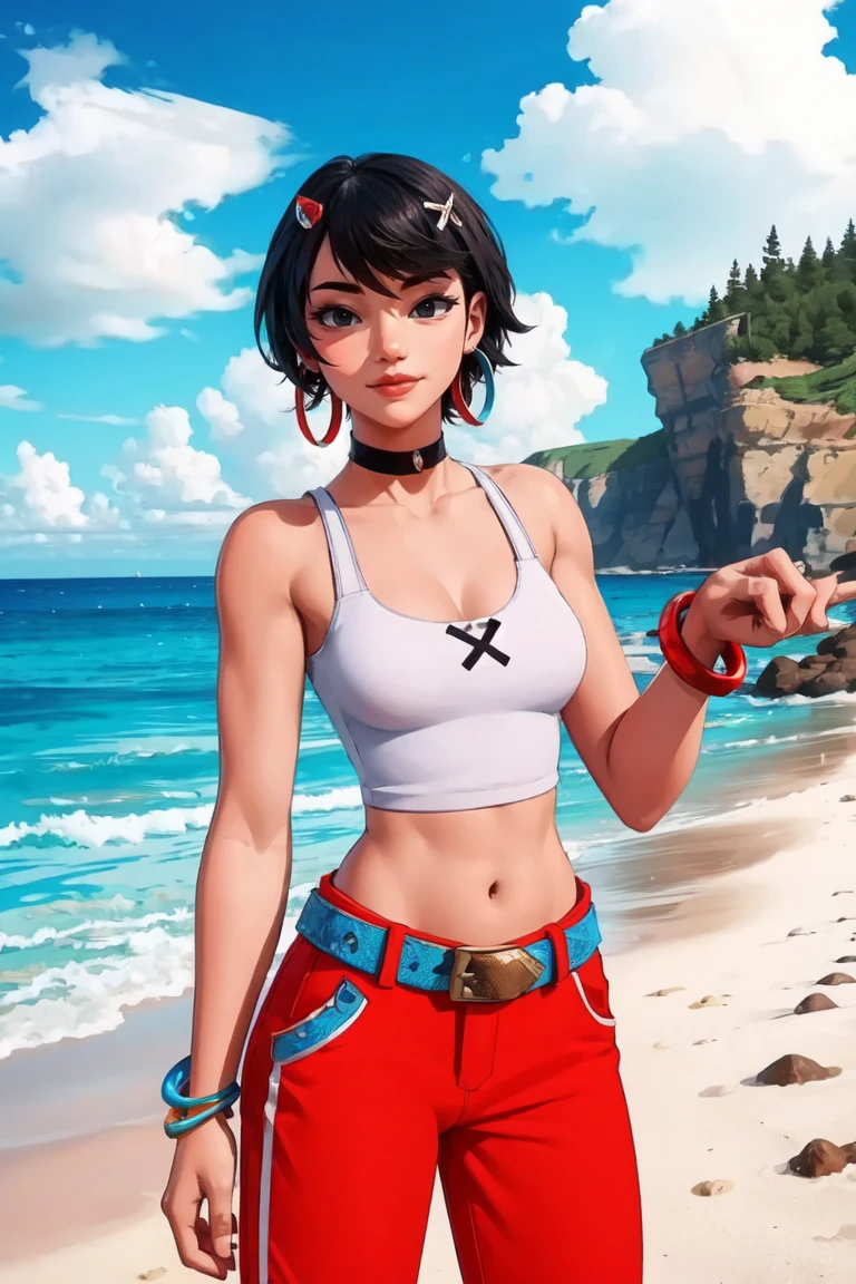 masterpiece,best quality,extreme detail,8k,cowboy_shot,upper_body,evie2,1girl,solo,breasts,nsfw,smile,short hair,black hair,hair ornament,navel,brown eyes,jewelry,medium breasts,earrings,choker,midriff,belt,pants,mole,bracelet,lips,crop top white,makeup,black choker,tank top,beach background,hoop earrings,red pants,bangle,