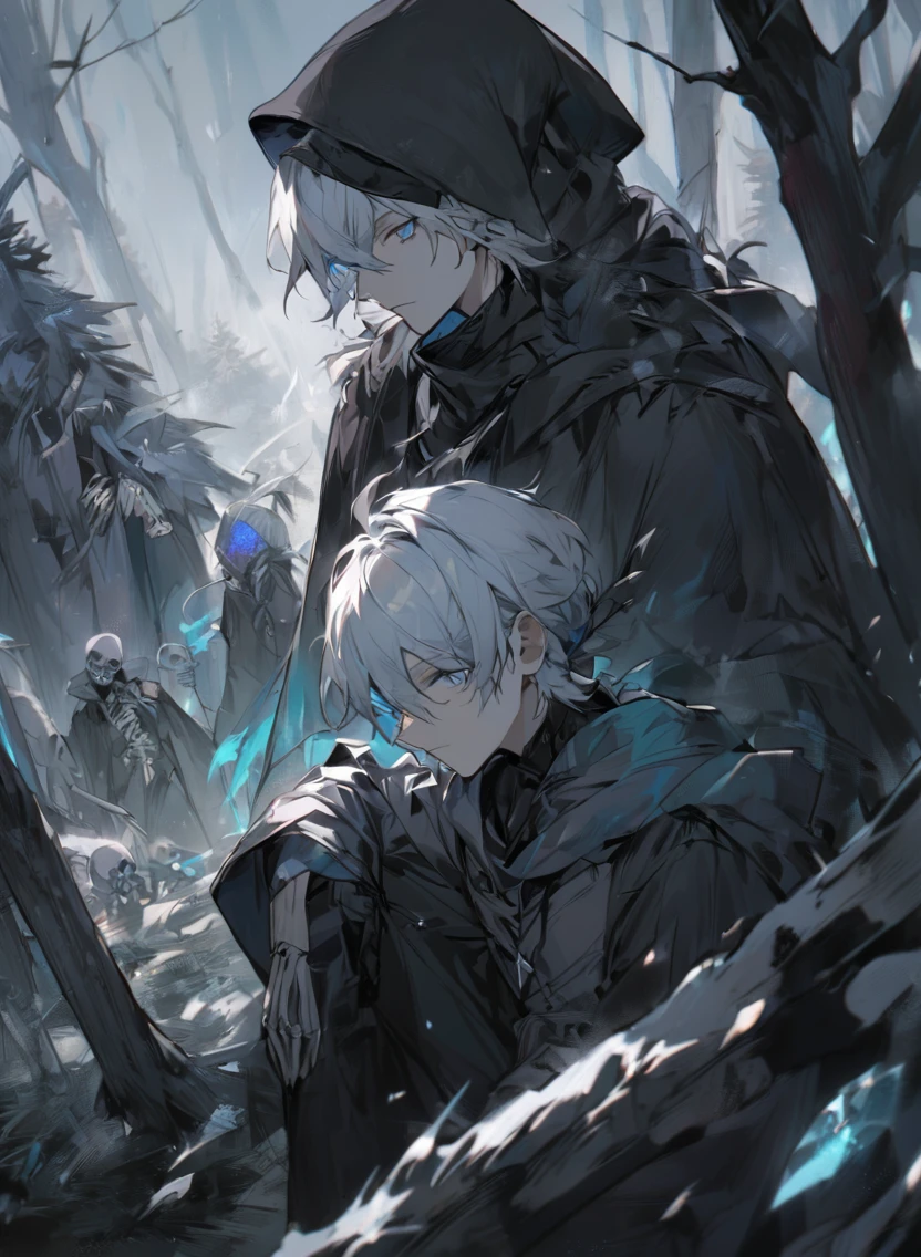 young man ,Male Dark, dark Woods, cold colors, man white hair with blue eye, Warlock dnd , Skeleton army in background