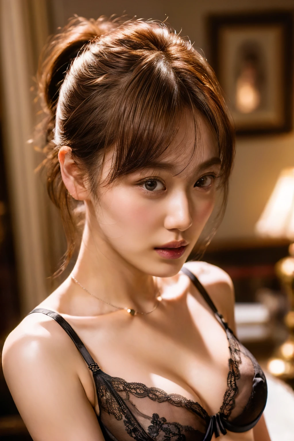 (nsfw:-2), (realistic, photo-realistic:1.4), (masterpiece, best quality:1.2), RAW photo, high resolution, intricate details, extremely detailed, realistic and sharp details, cinematic lighting, portrait, face focus, (bust shot:1.5), frontal photography, solo, 1girl, a Japanese woman, (detailed face, beautiful detailed eyes, sophisticated nose), pale skin, collarbone, necklace, jewelry, (medium breasts, cleavage), (black lingerie, tiny bra, tiny thong, thin strap, sleeveless:1.5), photo background, indoors,,,[Mizuki Yamashita, Nogizaka46]
