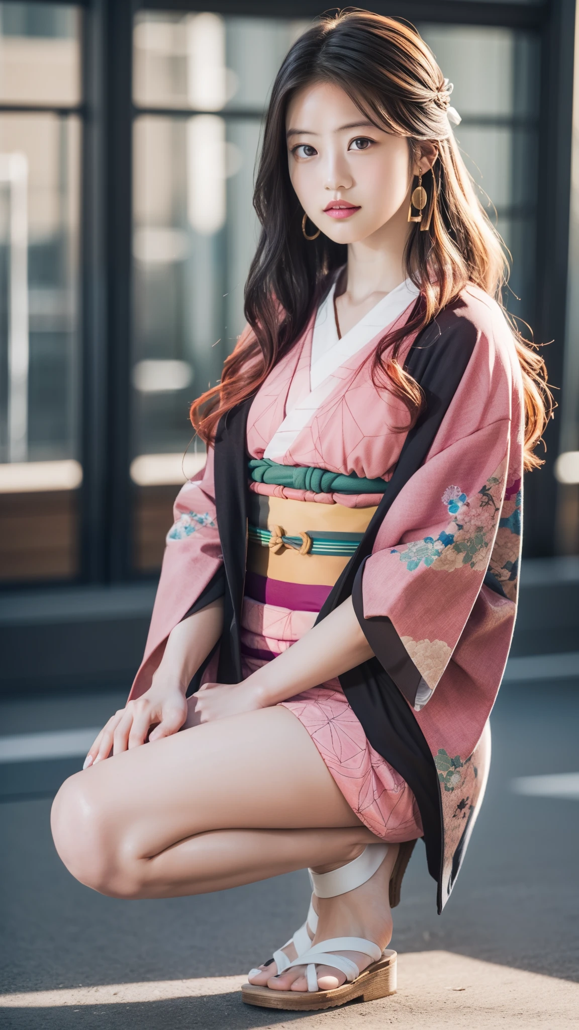 Cute Japanese woman, (************), (very cute face), white moisturized skin, looking at the camera, melancholy expression,
BREAK,
Idol,
BREAK,
(wearing cute kimono: 1.3), (highly revealing kimono), very large earrings, short length,
BREAK,
(fighting pose: 1.3),
BREAK,
(long hair), (pink hair: 1.2), (wavy hair), (gradient hair: 1.3), (red hair at the ends),
BREAK,
(realistic: 1.3), masterpiece, perfect lighting, (ultra-high resolution), (8K), (highly detailed: 1.4), (from the front), (full body: 1.4), (symmetrical: 1.2), (one shot),
BREAK,
(Shibuya city in Japan: 1.2),
BREAK,
(Demon Slayer: 1.4),
BREAK,
(Imada Mio: 1.4),