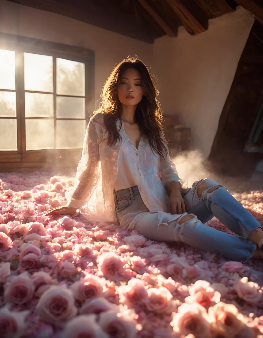 cottoncandy land, ripped jeans, pastel dreamy light, bathing in backlighting, long brown hair,opening buttons, sunrays, petals falling, roses, fog, haze, sunlit, in attic covered in flowers and petals, god rays, cozy, morning dew, backlighting, hazy, golden hour, morning light, erotic mood, countryside,  masterpiece, best quality, ultra-detailed, solo, smoke, shadows, contrast,  cinematic light, side lighting, ultra-high resolution, best shadow, RAW, 4k