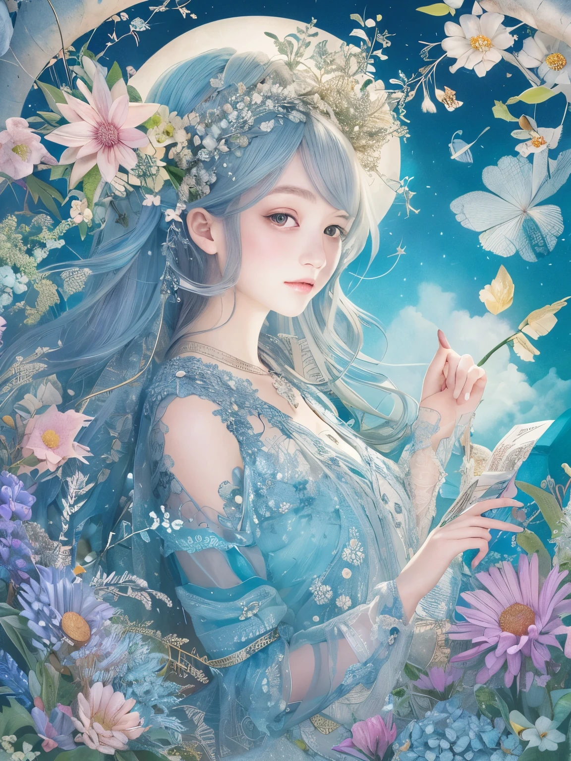 Highest quality, An illustration, Beautiful details shine,
paper_cut, The details of a fragile girl&#39;s face captured on camera, tiara、wood, moon, butterfly,Wind,flower、star、Blue haze