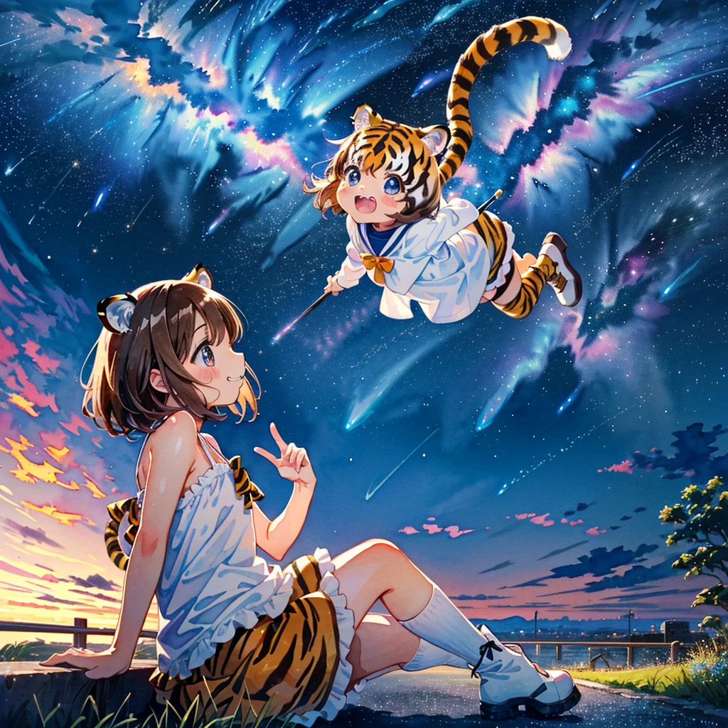 (8k, RAW photo, best quality, masterpiece, highres, absurdres, ultra detailed:1.3), (Photography, realistic, photo-realistic:1.4), (beautiful natural lighting, beautiful deatailed shadow, beautiful detailed glow :1.4), atmospheric,
BREAK 1 beautiful Girl, (cute:1.5), (chibi:0.5), (kawaii:2), (change:1.2), (8 yr old girl), very detailed, colorful, highest detail, BREAK, (big tits:1.25), clear skin, beautiful skin, spirited girl, (brown hair:1.75), (big fluffy tiger ears, short bob:1.45), (amber eyes, long eyelashes, double eyelids: 1.25), solo, glowing skin, clear skin, beautiful skin, (dumbfounded look: 1.45), (big canine teeth, chubby mouth: 1.35), (cute tiger tail: 1.35), (grin,blush:1.35),
BREAK //Character
1girl,
BREAK
//Fashions
BREAK (pink theme:1.4), (tone on tone:1.3), (pink long camisole tunic with chest ribbon:1.4), (A-line light pink tiered skirt with multi-layered ruffles:1.3), ((white overknee socks, white long stockings):1.3), (pink hight platform boots:1.2),
(after rain,looking up,slope, wariza on road, road, guardrail, cliff overlooking city view: 1.6), (night sky, shining stars, Milky Way, shooting stars, beautiful girls falling from the sky:1.6), shining stars, summer,(milky way:1.65), head rest,
BREAK wakame,wakame,wakame,(cowboy shot, from side:1.4), BREAK manga illustration,manga style,(watercolor:1.4),