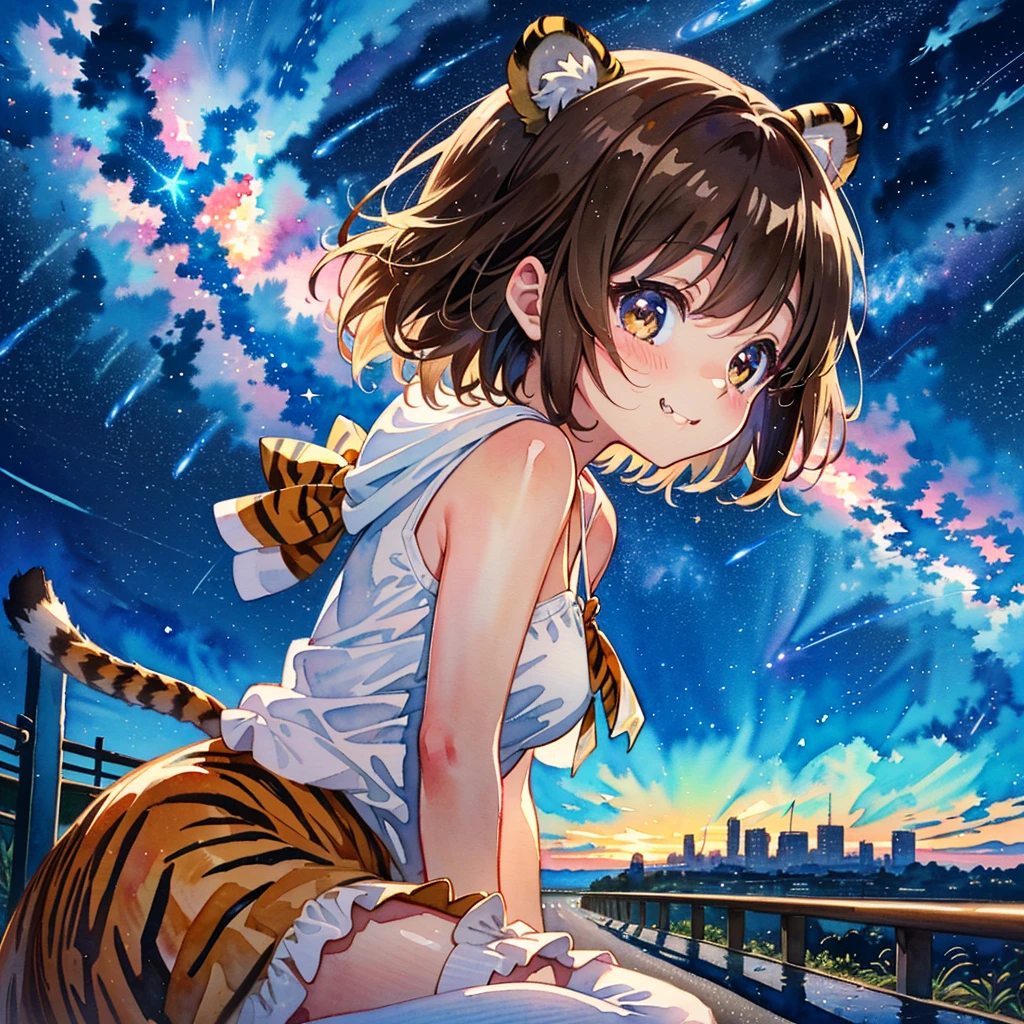 (8k, RAW photo, best quality, masterpiece, highres, absurdres, ultra detailed:1.3), (Photography, realistic, photo-realistic:1.4), (beautiful natural lighting, beautiful deatailed shadow, beautiful detailed glow :1.4), atmospheric,
BREAK 1 beautiful Girl, (cute:1.5), (chibi:0.5), (kawaii:2), (change:1.2), (8 yr old girl), very detailed, colorful, highest detail, BREAK, (big tits:1.25), clear skin, beautiful skin, spirited girl, (brown hair:1.75), (big fluffy tiger ears, short bob:1.45), (amber eyes, long eyelashes, double eyelids: 1.25), solo, glowing skin, clear skin, beautiful skin, (dumbfounded look: 1.45), (big canine teeth, chubby mouth: 1.35), (cute tiger tail: 1.35), (grin,blush:1.35),
BREAK //Character
1girl,
BREAK
//Fashions
BREAK (pink theme:1.4), (tone on tone:1.3), (pink long camisole tunic with chest ribbon:1.4), (A-line light pink tiered skirt with multi-layered ruffles:1.3), ((white overknee socks, white long stockings):1.3), (pink hight platform boots:1.2),
(after rain,looking up,slope, wariza on road, road, guardrail, cliff overlooking city view: 1.6), (night sky, shining stars, Milky Way, shooting stars, beautiful girls falling from the sky:1.6), shining stars, summer,(milky way:1.65), head rest,
BREAK wakame,wakame,wakame,(cowboy shot, from side:1.4), BREAK manga illustration,manga style,(watercolor:1.4),