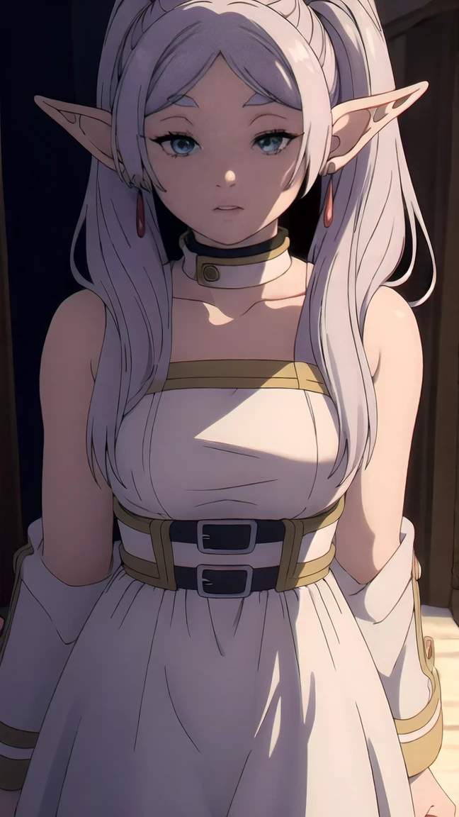 hehehehe®,1 girl,One,elf,White hair,White hair,earrisleeveless dress, nude, White dress,sleeveless dress,bare shoulders,clavicle,ngs,pointed ears,long hair,Ponytail,green eyes,ponytail,parted bangs,thick eyebrows,nsfv,,split,nsfv, 20 years,young woman,Beautiful finger,beautiful long legs,beautiful body,Beautiful нос,Beautiful character design, Perfect eyes, perfect face,expressive eyes,
I look at the viewer,
official art,чрезвычайно подробные обои CG Unity 8k, perfect lighting,colorful, Bright_Front_face_Lighting,Shiny skin, 
(masterpiece:1.0),(best_quality:1.0), сверхa high resolution,4K,ultra detailed,
photo, 8 K, HDR, a high resolution, absurdity:1.2, Kodak portrait 400, granularity, blurred background, hips:1.2, lens flare, (Bright_color:1.2), (Beautiful_face:1.5),(narrow_waist), ,nsfv,, Exquisite visual effects, a high resolution,masterpiece,best quality, beautiful breasts, big breasts, big , 21, adult