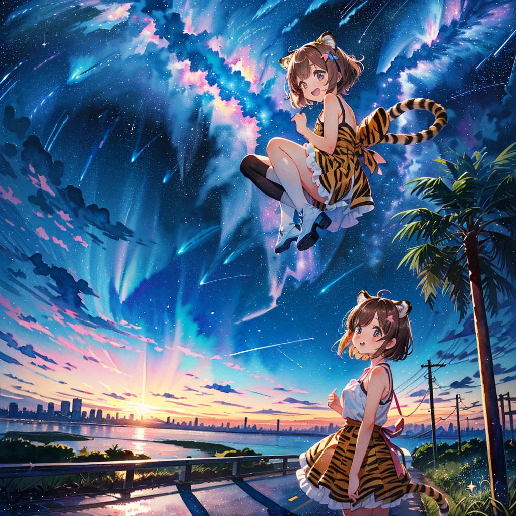 (8k, RAW photo, best quality, masterpiece, highres, absurdres, ultra detailed:1.3), (Photography, realistic, photo-realistic:1.4), (beautiful natural lighting, beautiful deatailed shadow, beautiful detailed glow :1.4), atmospheric,
BREAK 1 beautiful Girl, (cute:1.5), (chibi:0.5), (kawaii:2), (change:1.2), (8 yr old girl), very detailed, colorful, highest detail, BREAK, (big tits:1.25), clear skin, beautiful skin, spirited girl, (brown hair:1.75), (big fluffy tiger ears, short bob:1.45), (amber eyes, long eyelashes, double eyelids: 1.25), solo, glowing skin, clear skin, beautiful skin, (dumbfounded look: 1.45), (big canine teeth, chubby mouth: 1.35), (cute tiger tail: 1.35), (grin,blush:1.35),
BREAK //Character
1girl,
BREAK
//Fashions
BREAK (pink theme:1.4), (tone on tone:1.3), (pink long camisole tunic with chest ribbon:1.4), (A-line light pink tiered skirt with multi-layered ruffles:1.3), ((white overknee socks, white long stockings):1.3), (pink hight platform boots:1.2),
(after rain,looking up,slope, wariza on road, road, guardrail, cliff overlooking city view: 1.6), (night sky, shining stars, Milky Way, shooting stars, beautiful girls falling from the sky:1.6), shining stars, summer,(milky way:1.65), head rest,
BREAK wakame,wakame,wakame,(cowboy shot, from side:1.4), BREAK manga illustration,manga style,(watercolor:1.4),