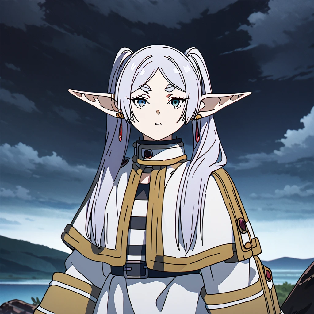 masterpiece, best quality, 4k、2D illustration, one beautiful girl, solo, frieren, pointy ears, elf, earrings, twintails, parted bangs, grey hair, thick eyebrows、((Serious Situations))、((serious face))、angry face, ((long beautiful hair)), , standing, speaking something, beautifully detailed eyes、((looking at viewer)), ((sousou_no_frieren))、((close up shot))、((wilderness background))、((night))、((cloudy sky))、 