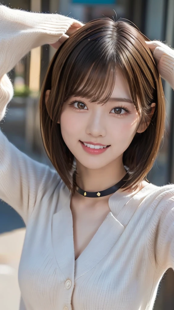 One girl, white button shirts, with collar, short hair, 20-year-old Japanese, beautiful, cute face, pretty face, neat, smiling, 8-head body, height 165cm, weight 48kg, bust 83cm, waist 60cm, hips 82cm, Living in Hiroshima City, A college student aspiring to become a model, (((Selfie pose with both hands))), (((portrait))), (from above), can't see the head