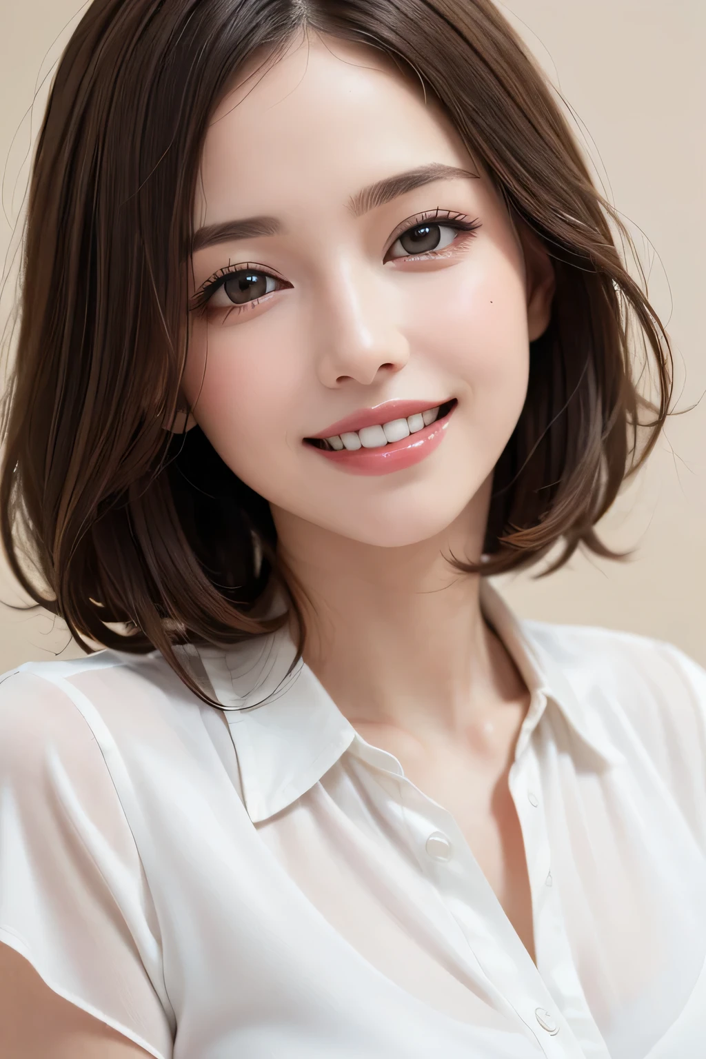 ((masterpiece)), ((Highest quality)), ((Complex)), ((Surreal)), (Realistic), (Mature Woman), ((No classes)), Very detailed, (1 female), Beautiful and exquisite, (Beautiful Teeth), Grin, Brunette bob hair, Brown eyes, ((blouse)), (Upper Body), (background:none), Perfect Eyes, Captivating eyes, Looking at the audience