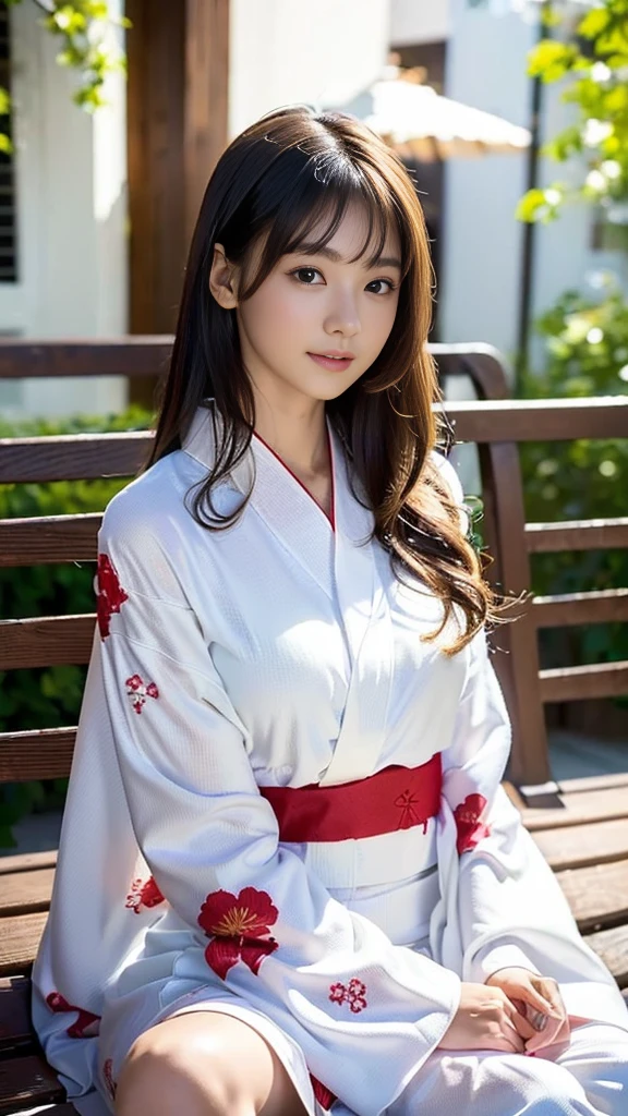 masterpiece, Highest quality,16K, Ultra-high resolution,The light and shadow of reality,Cinema Lenses,((Very skinny)),((Her waist is so slim and beautiful)),((High nose、Small Mouth)),((Clean and slim face line)),((Big dark eyes with long eyelashes)),((Very small face))((Very slim and beautiful arms)),((She is very slim and has a great figure)),((Pure white beautiful skin)),((Cute Japanese Girls)),(((Long sleeve yukata, bright red floral patterned long sleeve kimono、))),((Sitting on a bench in a stylish cafe)),(Beautiful Eyes:1.1),Reflecting clear eyes and a gentle smile,