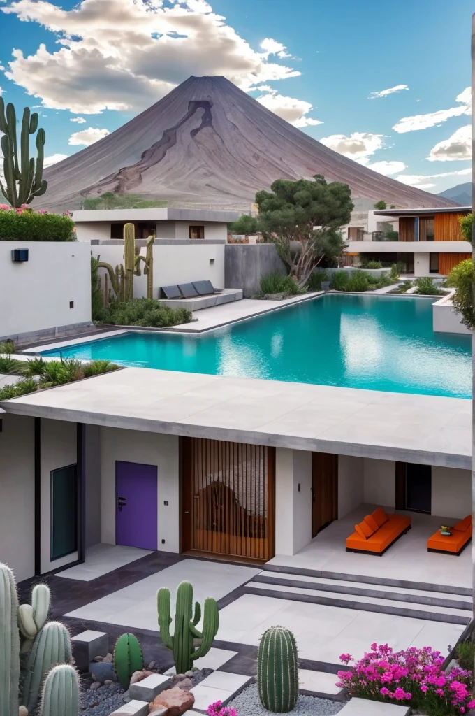 Multiple houses, brutalism style, Luis Barragán, Mountains in background, river, pool, terraces, stairs, garden terraces, trees, beautiful clouds, moon, sun, detailed, cacti, boulders, volcanic rocks, fuggy, river, lake, Violet, orange, olive green, blue, magenta, amazing volcano in horizont, beautiful garden design