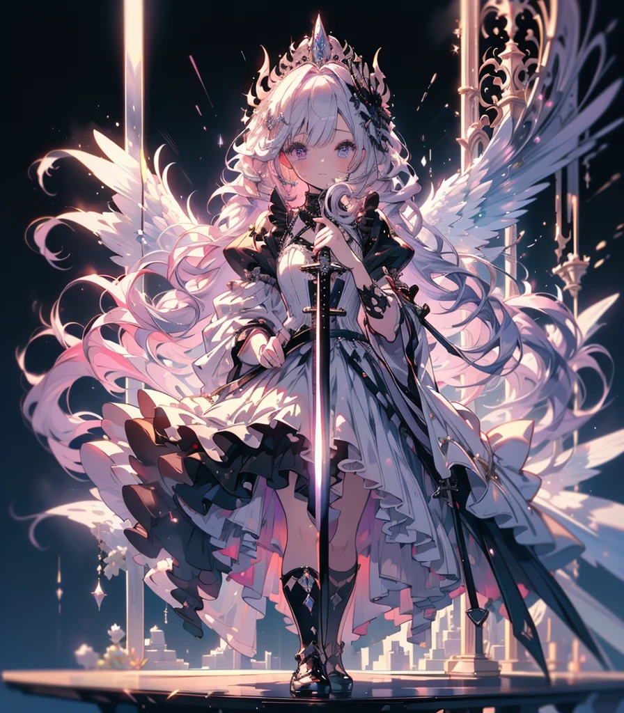 (masterpiece,Highest quality, Very detailed, beautiful, Exquisite, 16K, Full HD), ((Dark Gothic Castle Background)),((seriously,Murderous Intent:1.5)),(Pale-white flame magic),((Frills, Rhinestones and Silver,Black fluffy layered ball gown)),((Holding a sword:1.5)),(Black tiara,Black choker,Black Earrings,Black shoes,),(Silver Medium Hair,Hair blowing in the wind, Fluffy hair),(White skin,Lavender eyes, Long eyelashes, Big eyes,Pale pink cheeks,), (Tabletop, Art Station, Fantasy art:1.2),