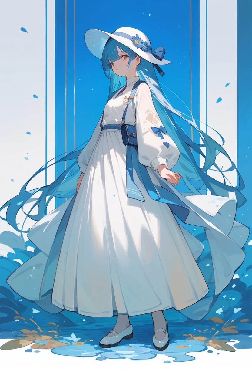 masterpiece, best quality, 1girl, solo,blue stripe top, white long skirt,full body