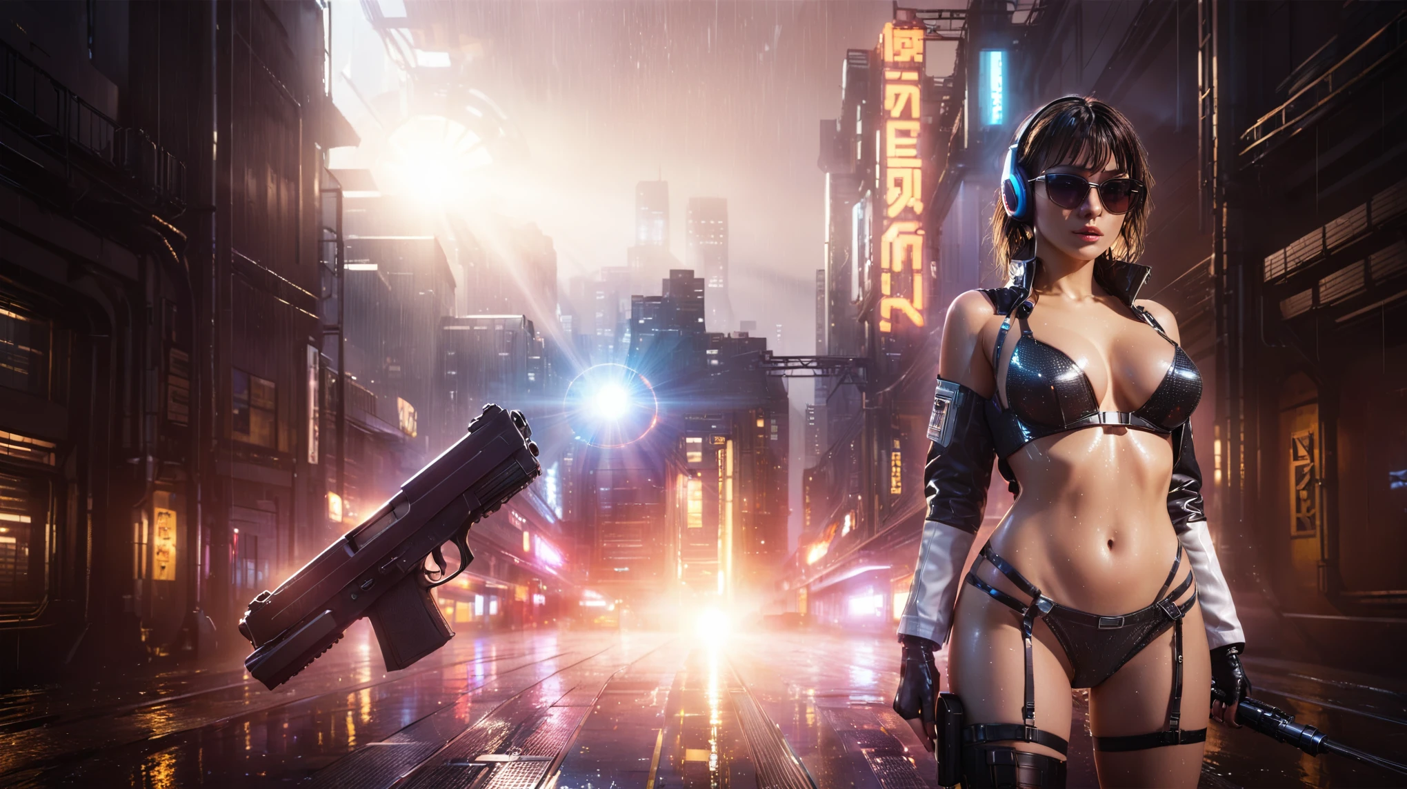 (((aerial view))), Blade Runner style futuristic railway platform, hi-tech train, neon lights, rainy night. (1girl, solo, alone), large-breast:1.2 slim body, cleavage:1.1, sexy lingerie with wet jacket, headphone, (black sunglasses), (((she raised a pistol:1.8 and shot:1.8 the viewer))), dynamic pose, (((half-body thigh level medium shot))), cinematic lighting, lens flare, ray tracing, blurred:1.4 background.
