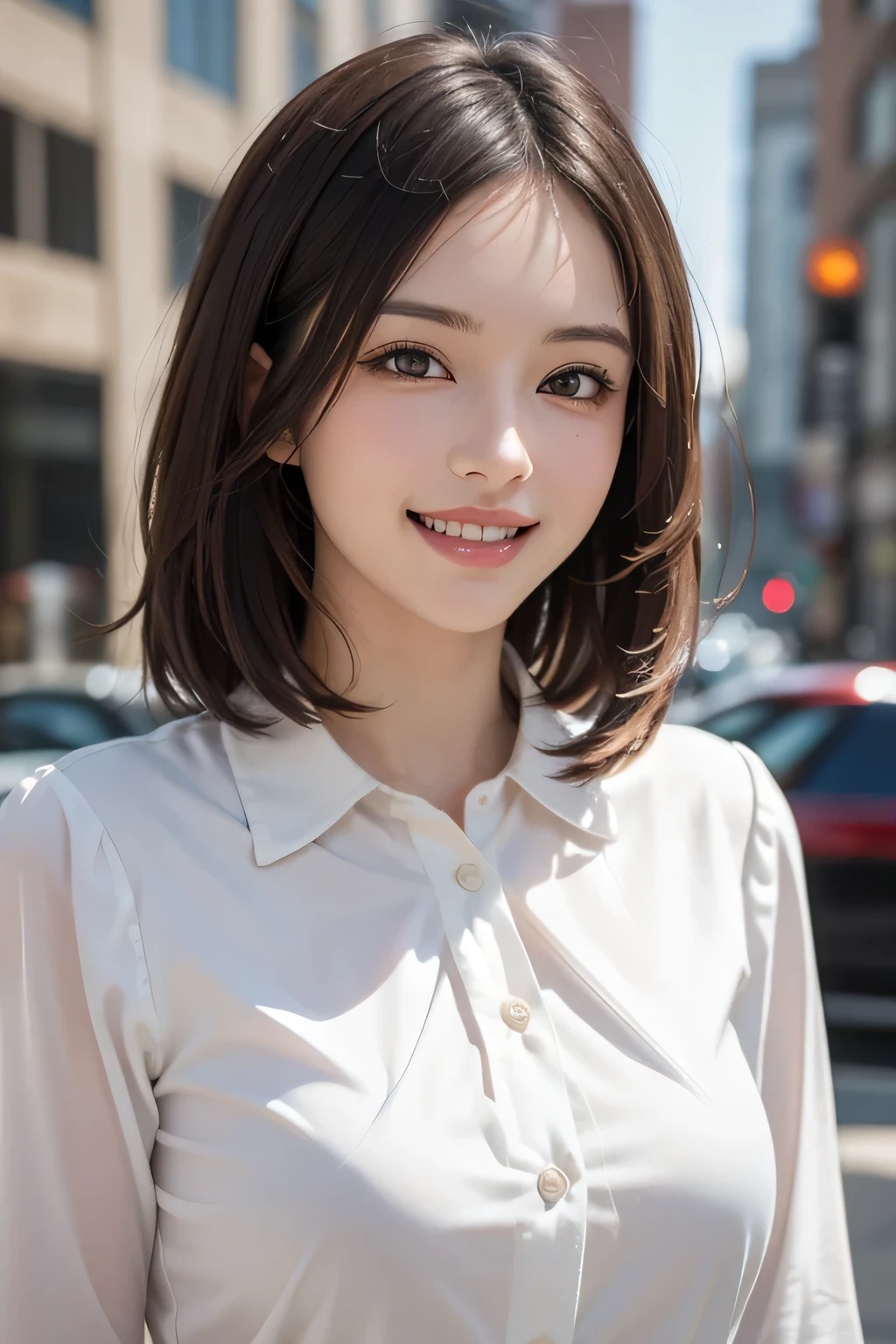 ((masterpiece)), ((Highest quality)), ((Complex)), ((Surreal)), (Realistic), (Mature Woman), ((No classes)), Very detailed, (1 female), Beautiful and exquisite, (Beautiful Teeth), Grin, Brunette bob hair, Brown eyes, ((blouse)), (Upper Body), (background:none), Perfect Eyes, Captivating eyes, Looking at the audience
