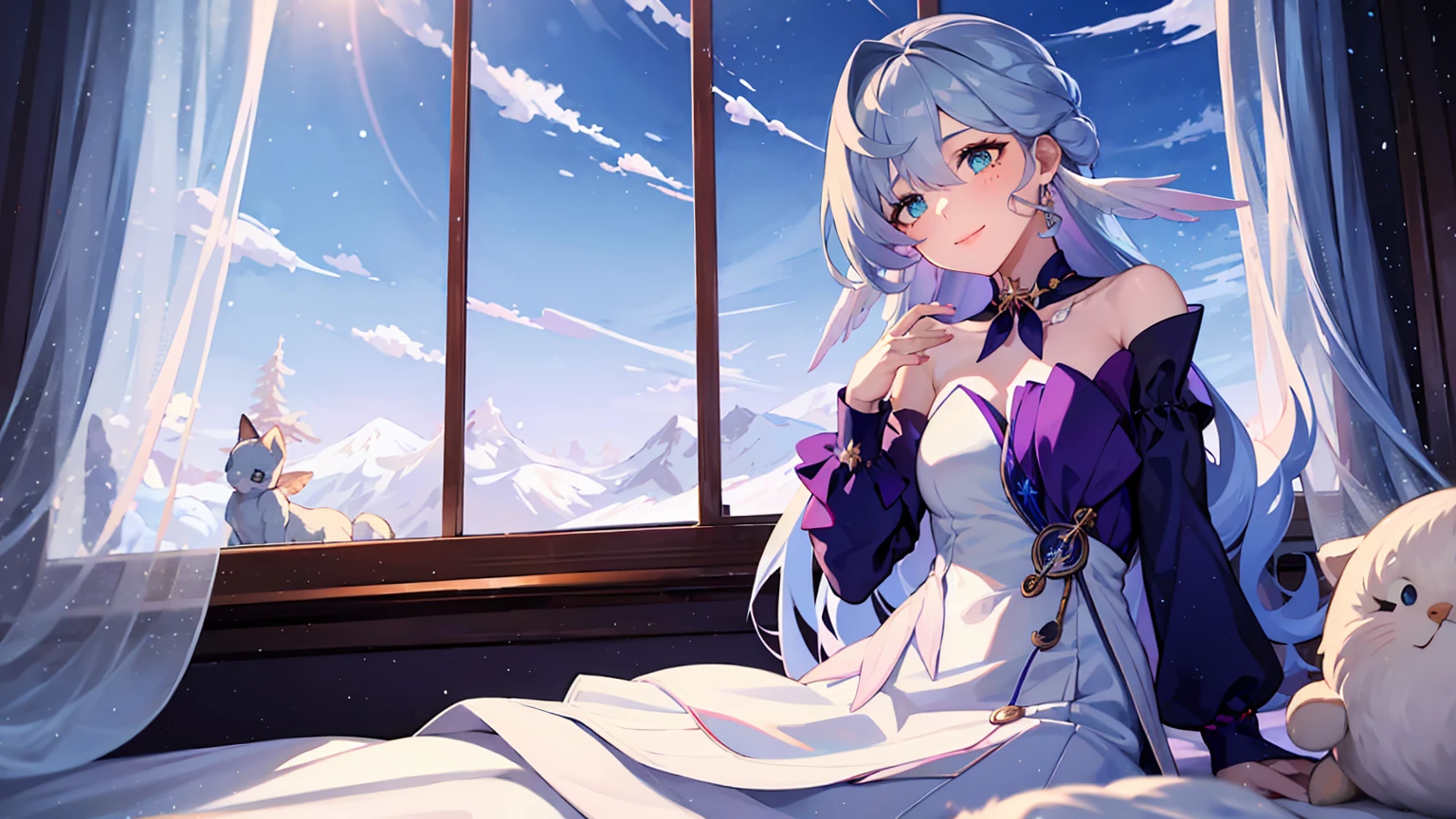 masterpiece, best quality, robin, 1girls, light blue hair, long hair, blue eyes, white dress, white sailor collar, white scarf, sitting on bed, indoors, bedroom, windows, blue sky, winter, snow, warm smile, upper body. closed mouth,