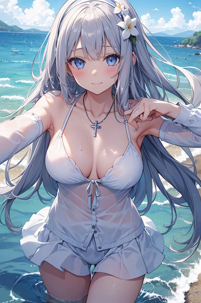 ((girl kawaii)), a extremely delicate and beautiful girl, beautifully painted, cute, sense of digital, best detailed girl, lying on the lake, wet, girl, young, long hair blown up, Hair with flower, (grey hair), cute face, (smile), complex details beautiful and delicate eyes, closed mouth, (large breasts), thighs, pale blue eyes, white skin, hairband, cross necklace, Bracelet, (white bikini), cardigan, white Clothes, (beach),( beautiful blue sky and white clouds), bloom effect, (((wallpaper 8k CG))), ((absurdres)), masterpiece