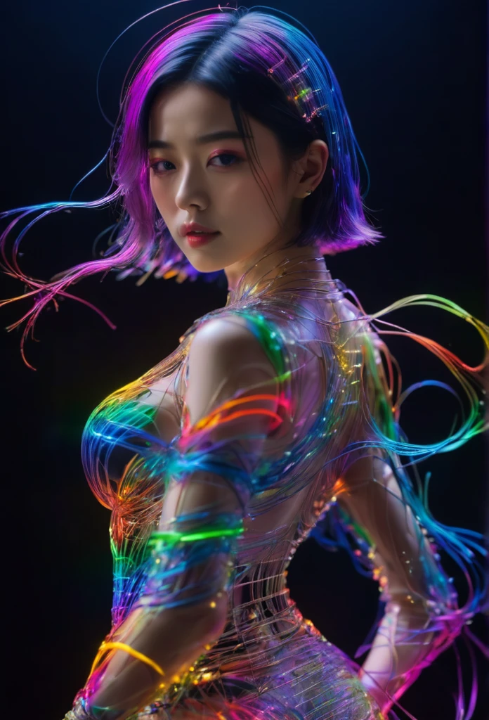 Ultra-Realistic Capture,18k,RAW Photos,Highest quality,masterpiece,reality,Very detailed,Very beautiful woman,Automata,20-year-old ,LED,Transparent skin,Very detailedな電子機器の骨格,A lot of connecting lines,Rainbow colors,Long Hair,whole body,Standing posture,tall,Standing on tiptoes,Back view,