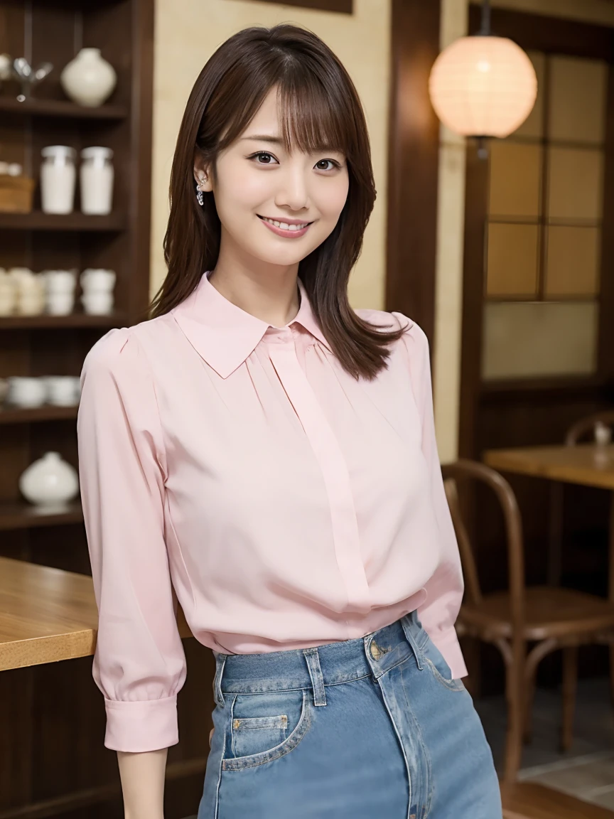 Tabletop, 最high quality, Realistic, In detail, High resolution,Beautiful Japanese Woman,Beautiful attention to detail, Beautiful lip detail, Very detailed顔, Small Head, Small areola, Cinema Lighting, Realistic, 8k, high quality, Very detailed, look at me,smile,(Pink blouse、jeans ),Long Hair,(Coffee shop),(Big Breasts:0.7),(Inoue Kiyokana),whole body, (Breast bulge:0.7),thin,(Front view,throw)、whole bodyの姿(Are standing)、