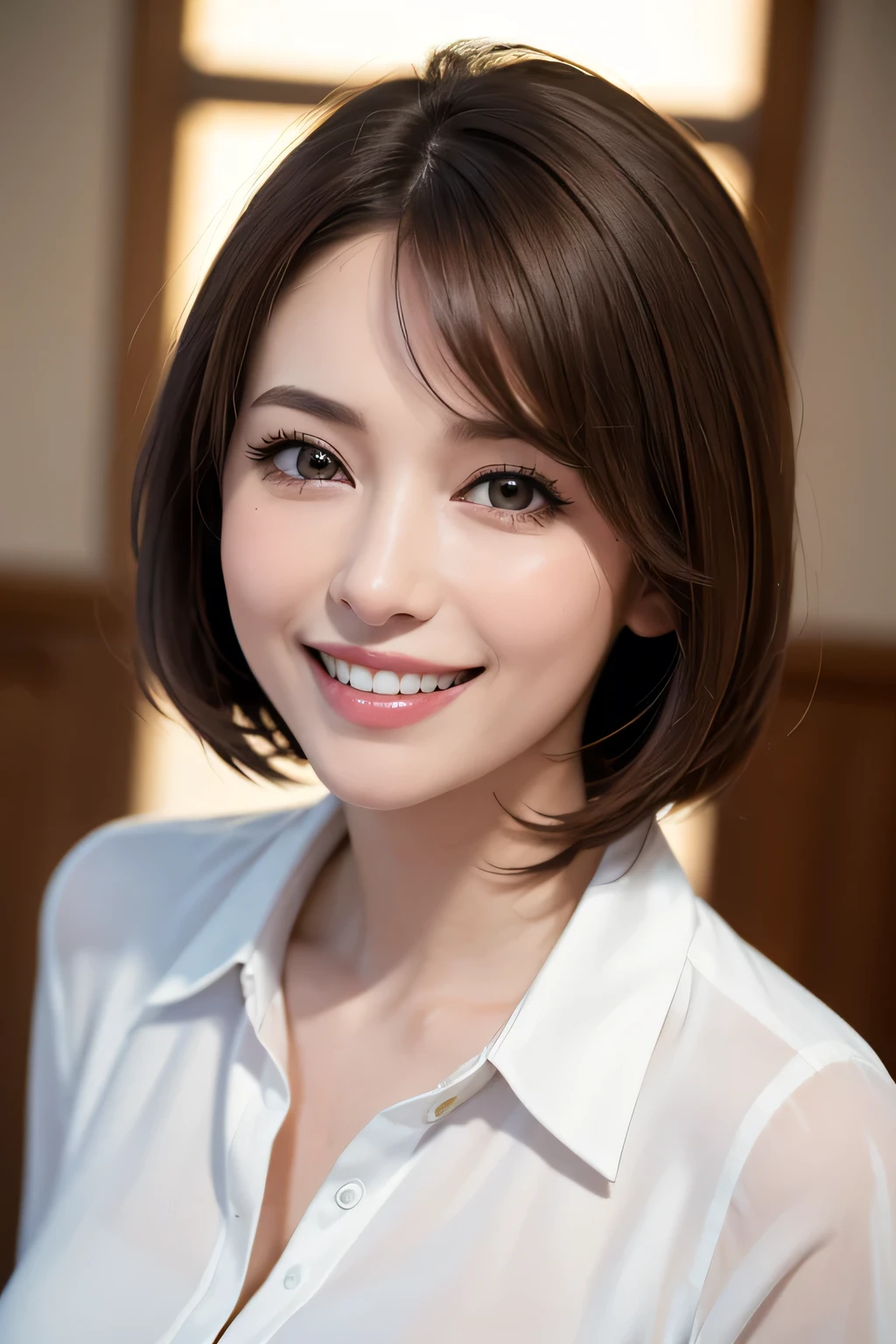 ((masterpiece)), ((Highest quality)), ((Complex)), ((Surreal)), (Realistic), (Mature Woman), ((No classes)), Very detailed, (1 female), Beautiful and exquisite, (Beautiful Teeth), Grin, Brunette bob hair, Brown eyes, ((blouse)), (Upper Body), (background:none), Perfect Eyes, Captivating eyes, Looking at the audience