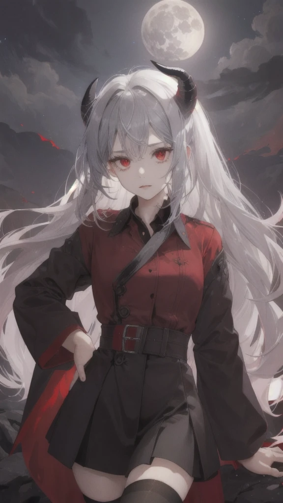 (Highest quality,Very detailed,High resolution:1.2),One Girl,Gray Hair,The most beautiful girl in human history,Sad look,暗い red eyes (暗いred eyes:1.1),暗い aura(aura:1.1),(mysterious,Ghostly:1.1) atmosphere,Looks like half a demon,(Demonic traits,Devilish Features),(Elaborate,Brilliant) ,Small Ass,Thin legs,Black Stockings,Knee-length skirt,Red Shirt,Black long coat,Put your coat over your head like the Grim Reaper,Dark night sky,full moon,｛No horns｝
