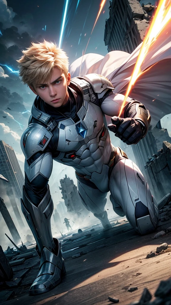 (masterpiece, Best image quality),One boy, A hero with a white base, (Dynamic pose | Element Surround:1.2), Low angle view, Super detailed, Ruins of the battle, intense, shock wave, Outdoor, Battlefield Background,Guardian of the City,Hero of the Sky