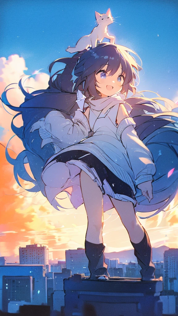 Buildings,sunset,Blue background,splash,Black haired girl with cat,Long Hair,The Giant Mount Fuji