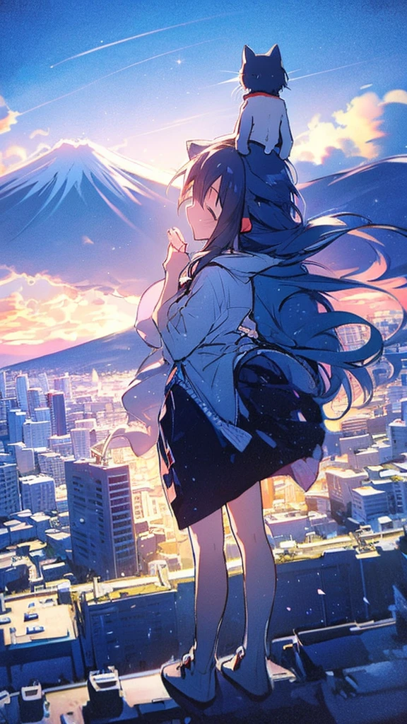 Buildings,sunset,Blue background,splash,Black haired girl with cat,Long Hair,The Giant Mount Fuji