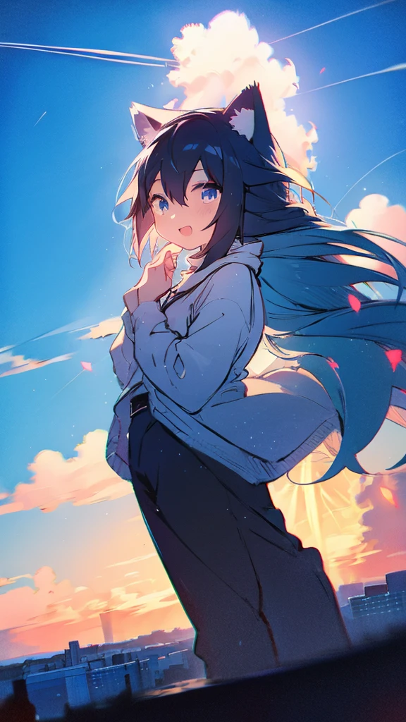 Buildings,sunset,Blue background,splash,Black haired girl with cat,Long Hair,The Giant Mount Fuji