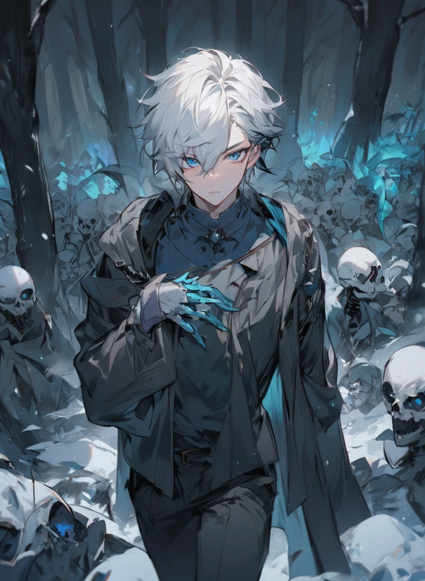 young man ,Male Dark, dark Woods, cold colors, man white hair with blue eye, Warlock dnd , Skeleton army in background