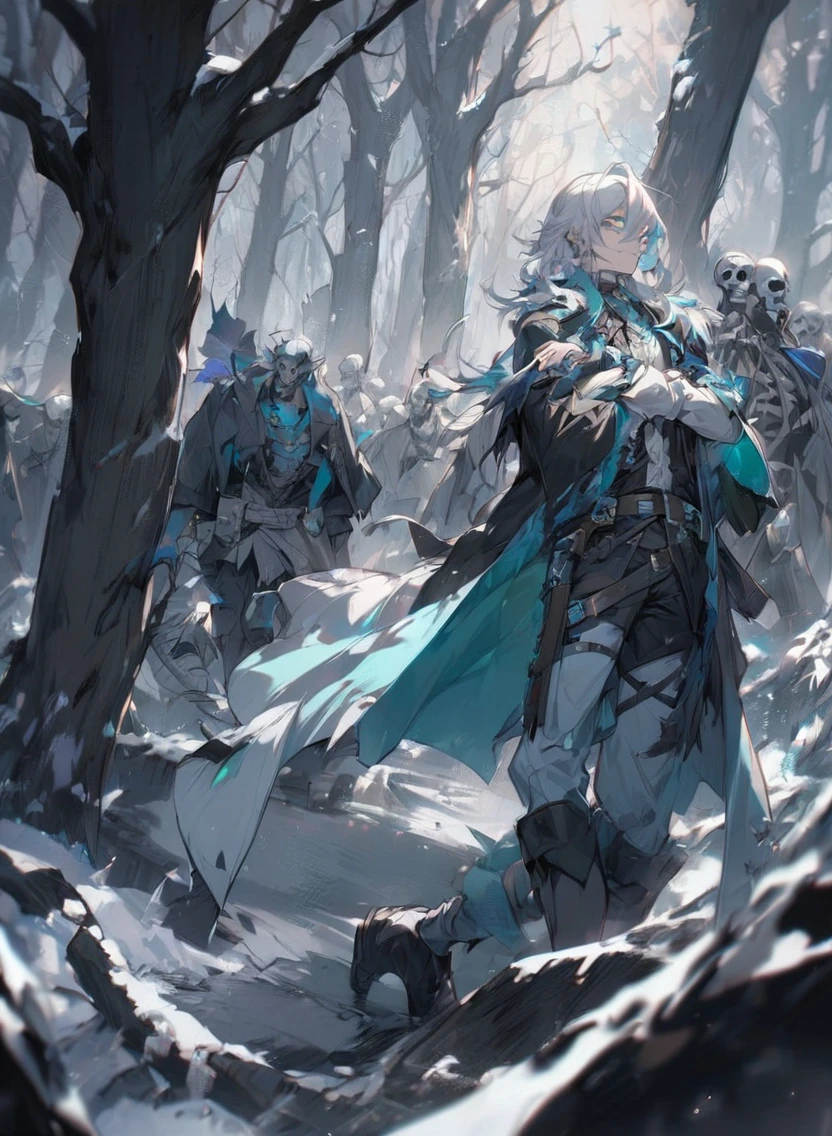 young man ,Male Dark, dark Woods, cold colors, man white hair with blue eye, Warlock dnd , Skeleton army in background