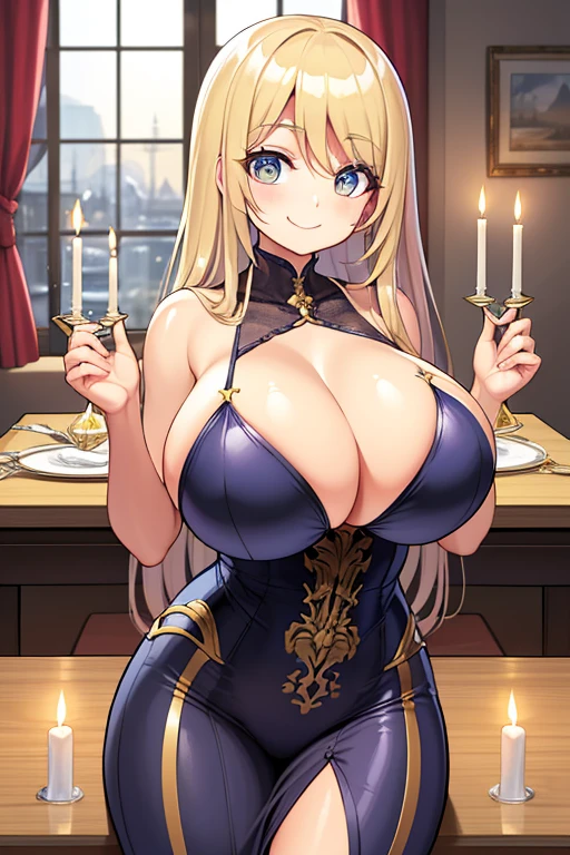 ((huge breasts)), small waist, (visible abs), fitness, tanned skin, smiling, happy, victorian dress, colorful hair, baroque bedroom, windows, citadel, table, candles, snow outside, award winning, good quality, best quality, highres, absurdres, 8k, 4k, masterpiece