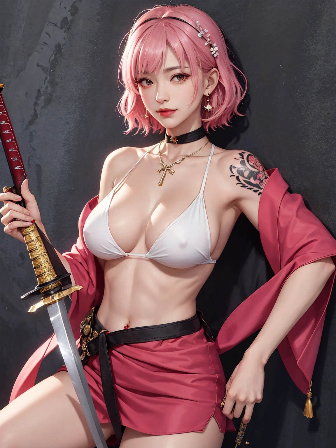 (Masterpiece, best quality, 1 girl, alone, complicated details, Chromatic aberration), realistic, ((Moderate breath)),long hair, pink hair, Red headpiece, Pink Highlights, hair on one eye,purple eyes, earring, sharp eyes, choker, Neon coat, She wears a collar, bangle, and kimono style garters., crop top, (symmetrical eyes),(Perfect symmetrical body),against the wall, Brick wall, (colorful graffiti words on the wall:1.2), The light is dim., alley ,Look at the viewer.、Dig the chest、smile、(sleeveless、Navel touch、Fitted turtleneck.)、street string hot pants、Thin bottom、Please build above the eaves..、Thin shoulders、Beautiful Thai-Melanesian woman, (), pretty face, red lips,
BREAK,
Athletic feminine body, Female fitness model body, Hard toned feminine body, (muscles: 1.2), (beautiful navel),
BREAK,
Mixed martial arts, Kung fu fighter, Japanese idol,
BREAK,
(wearing cute kimono: 1.3), Red high heels, necklace, earrings, short length,
BREAK,
Short hair, (Bob hair), (Bangs: 1.2), (Rainbow hair), (Wavy hair),
BREAK,
(Holding a very large sword in hand, Holding a sword handle in hand, Standing with a very large sword, Raising a very large sword: 1.4), (Samurai in a fighting stance),
BREAK,
(Large tattoos all over body, Japanese tattoos on 80% of the body: 1.4),
BREAK,
Masterpiece, Perfect lighting, Ultra high resolution, 8K, (Highly detailed: 1.4), From the front, looking at the camera, melancholy expression,
BREAK,
(Tokyo city, many people in the background), Tokyo city background,