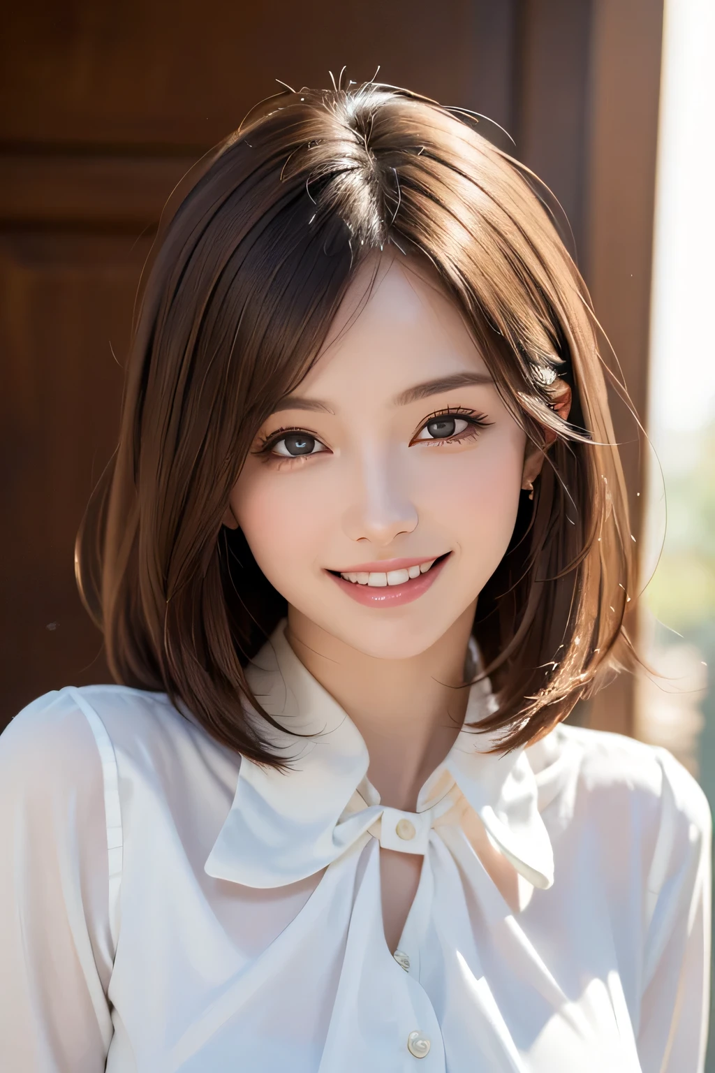 ((masterpiece)), ((Highest quality)), ((Complex)), ((Surreal)), (Realistic), (Mature Woman), ((No classes)), Very detailed, (1 female), Beautiful and exquisite, (Beautiful Teeth), Grin, Brunette bob hair, Brown eyes, ((blouse)), (Upper Body), (background:none), Perfect Eyes, Captivating eyes, Looking at the audience