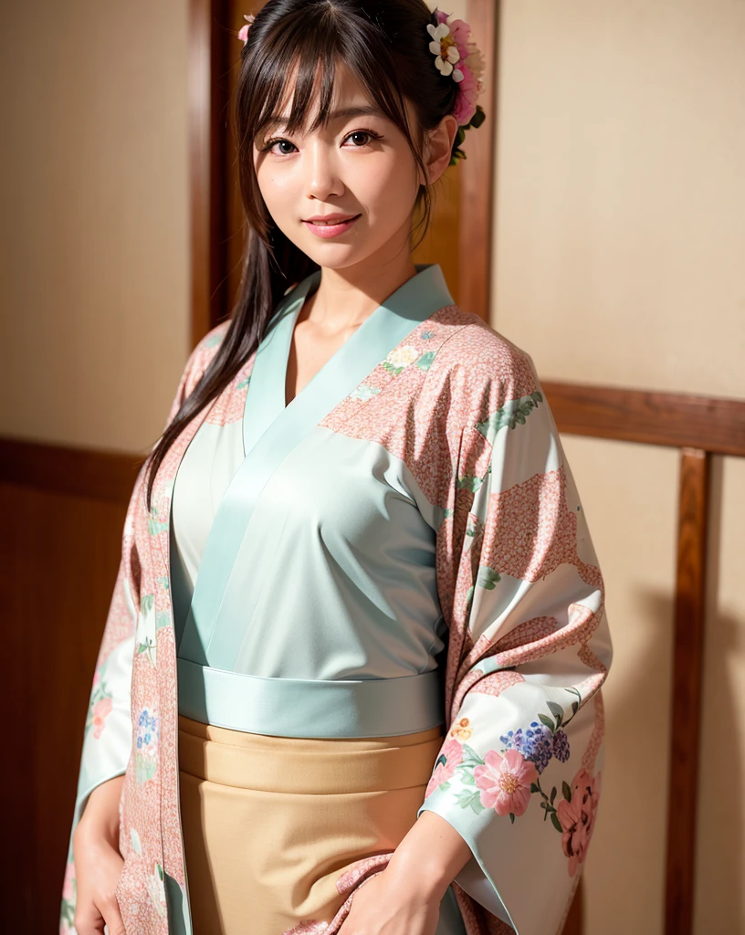 best quality, face focus, (depth of field) ,ultra high res, (photorealistic:1.4), RAW photo, Japanese-style room, alcove, hanging scroll
(portrait:1.4)
1japanese girl, solo, cute, smile, (brown eyes), natural face, (midi hair),
(kimono:1.5)