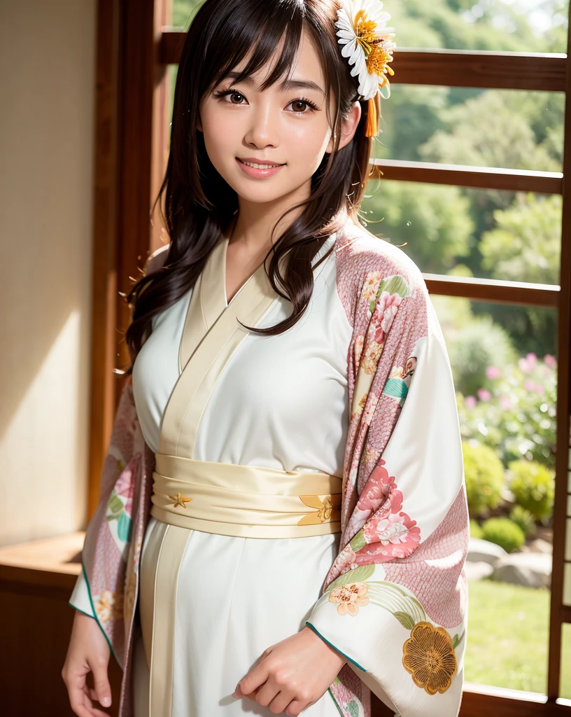best quality, face focus, (depth of field) ,ultra high res, (photorealistic:1.4), RAW photo, Japanese-style room, alcove, hanging scroll
(portrait:1.4)
1japanese girl, solo, cute, smile, (brown eyes), natural face, (midi hair),
(kimono:1.5)