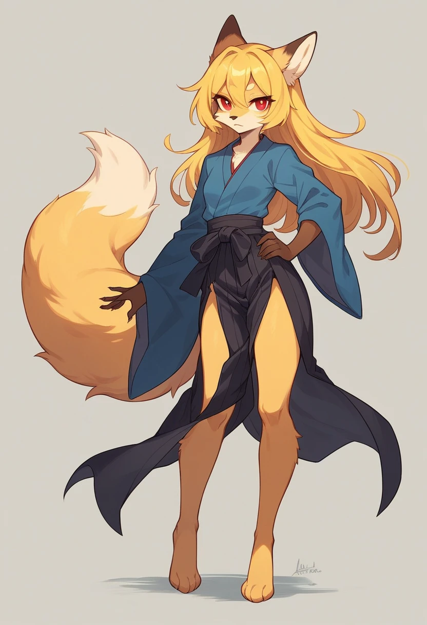 (full body,,The left hand is on the hip),((The right hand is out in front,)),small breasts,Adult female fox, Furry, Golden fur, Golden facial fur, long golden hair, The hair on his hands is golden, Golden yellow hair on the back of the hand, Light-filled eyes, Red eyes, Brown elements of fur,A plain dark blue kimono,Black Hakama,Very fine fur, Fluffy tail,