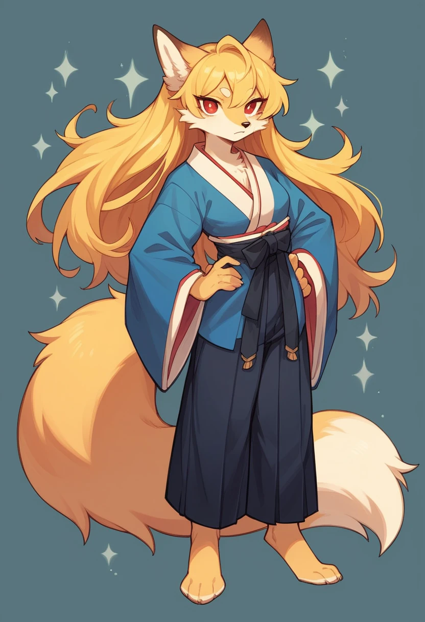 (full body,,The left hand is on the hip),((The right hand is out in front,)),small breasts,Adult female fox, Furry, Golden fur, Golden facial fur, long golden hair, The hair on his hands is golden, Golden yellow hair on the back of the hand, Light-filled eyes, Red eyes, Brown elements of fur,A plain dark blue kimono,Black Hakama,Very fine fur, Fluffy tail,
