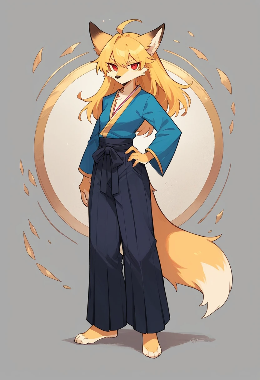 (full body,,The left hand is on the hip),((The right hand is out in front,)),small breasts,Adult female fox, Furry, Golden fur, Golden facial fur, long golden hair, The hair on his hands is golden, Golden yellow hair on the back of the hand, Light-filled eyes, Red eyes, Brown elements of fur,A plain dark blue kimono,Black Hakama,Very fine fur, Fluffy tail,