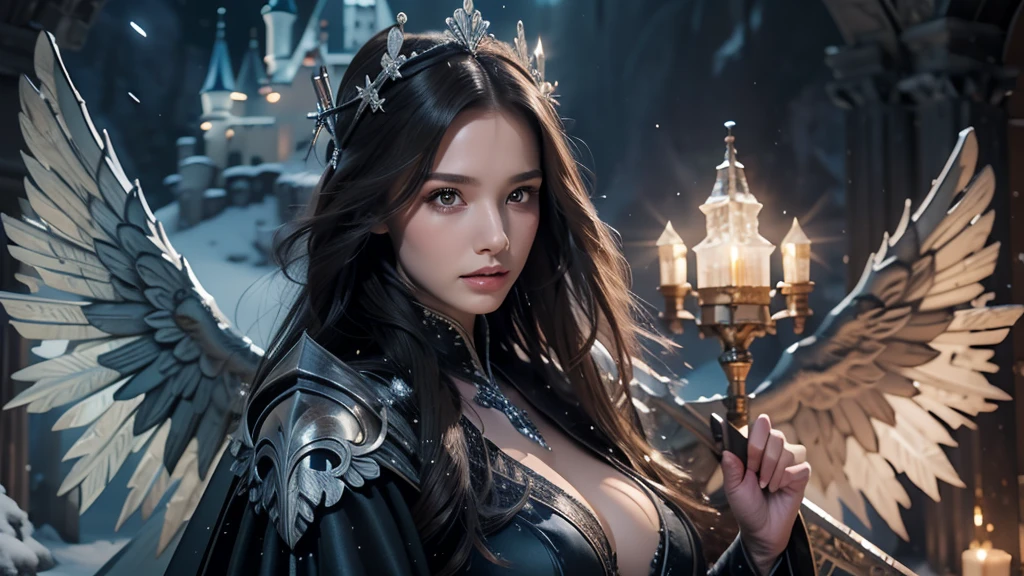 masterpiece, rest, best quality, Very detailed, Super real, 16K, high resolution, castle,snow, ((Starry Sky)),Female Mage,Gorgeous robe,Complex Mode,Pretty Face,Closed mouth,dramatic,Half-length photo,Glowing scepter,Black Wings,Large Breasts