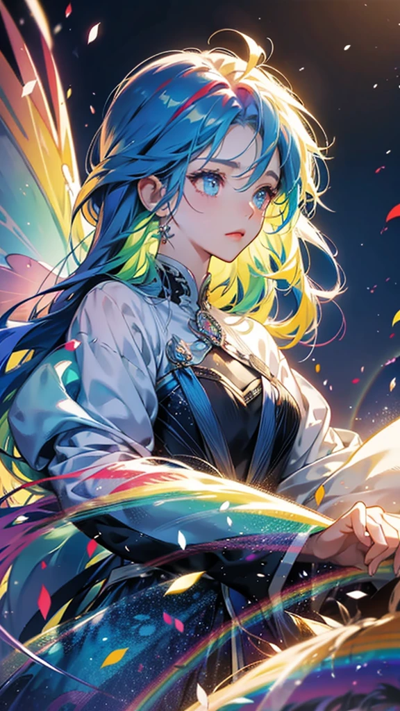 Colorful hair and rainbow eyes,Beautiful as a fairy,A melancholic look that stirs affection,Floating Hair,Particles of light,Glare,Vivid,Fancy,dream-like,Gaze, High resolution, masterpiece, Highest quality, High detail, 立ち絵,