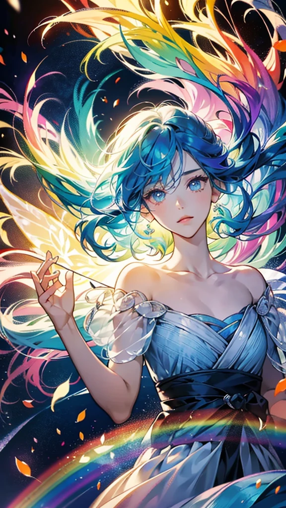 Colorful hair and rainbow eyes,Beautiful as a fairy,A melancholic look that stirs affection,Floating Hair,Particles of light,Glare,Vivid,Fancy,dream-like,Gaze, High resolution, masterpiece, Highest quality, High detail, 立ち絵,