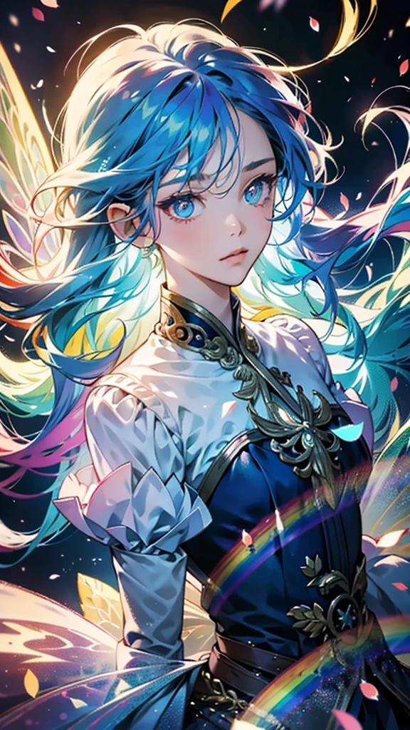 Colorful hair and rainbow eyes,Beautiful as a fairy,A melancholic look that stirs affection,Floating Hair,Particles of light,Glare,Vivid,Fancy,dream-like,Gaze, High resolution, masterpiece, Highest quality, High detail, 立ち絵,