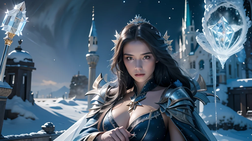 masterpiece, rest, best quality, Very detailed, Super real, 16K, high resolution, castle，snow, ((Starry Sky)),Female Mage，Gorgeous robe，Complex Mode，Pretty Face，Closed mouth，dramatic，Half-length photo，Glowing scepter，Black Wings，Large Breasts